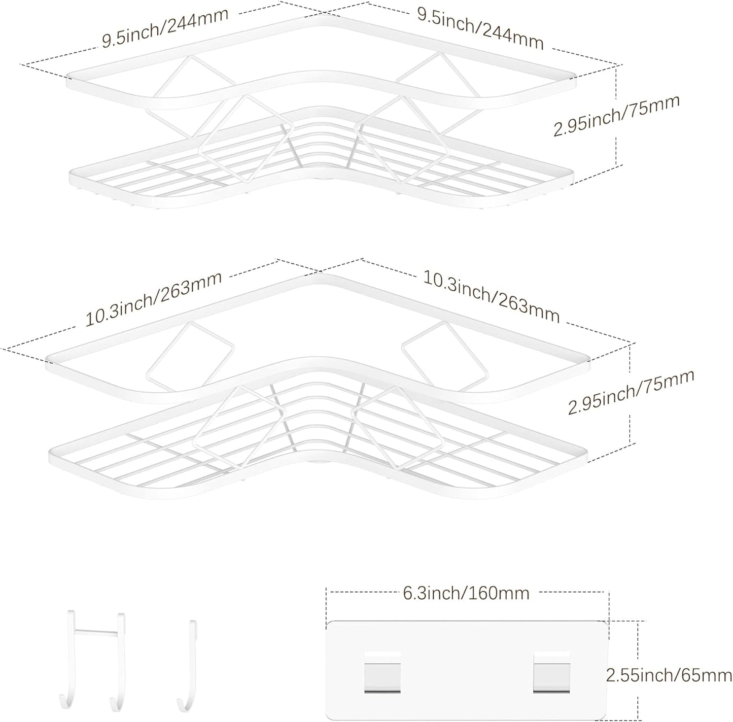 Kadolina Large Corner Shower Caddy Shelf, 2 Pack Adhesive Bathroom Shower Organizer Shelves, No Drilling Rustproof Wall Mounted Shower Storage Basket Shampoo Holder Organizer (White)