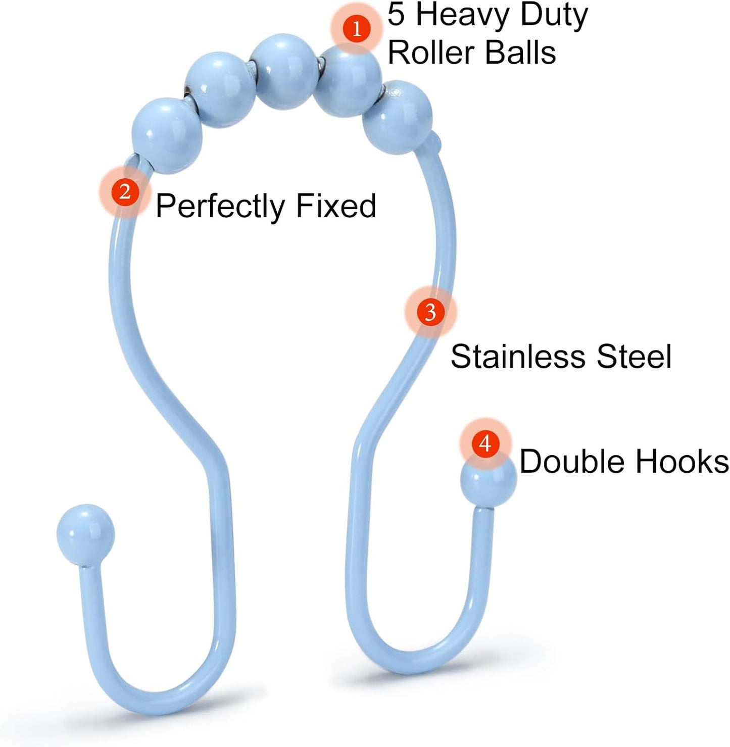 Goowin Shower Curtain Hooks, 12 Pcs Shower Curtain Rings, Stainless Steel Shower Curtain Hooks Rings Rust Proof, Smooth Sliding Anti-Drop Double Shower Hooks for Shower Curtain, Rods (Blue)