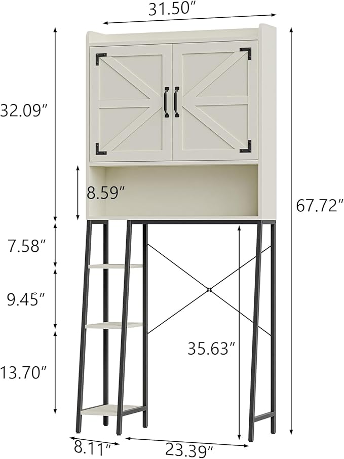 Vabches Over The Toilet Storage Cabinet, Farmhouse Storage Cabinet Over Toilet with 2 Barn Door & Toilet Paper Holder Stand，Home Space-Saving Toilet Rack, for Bathroom, Restroom, Laundry