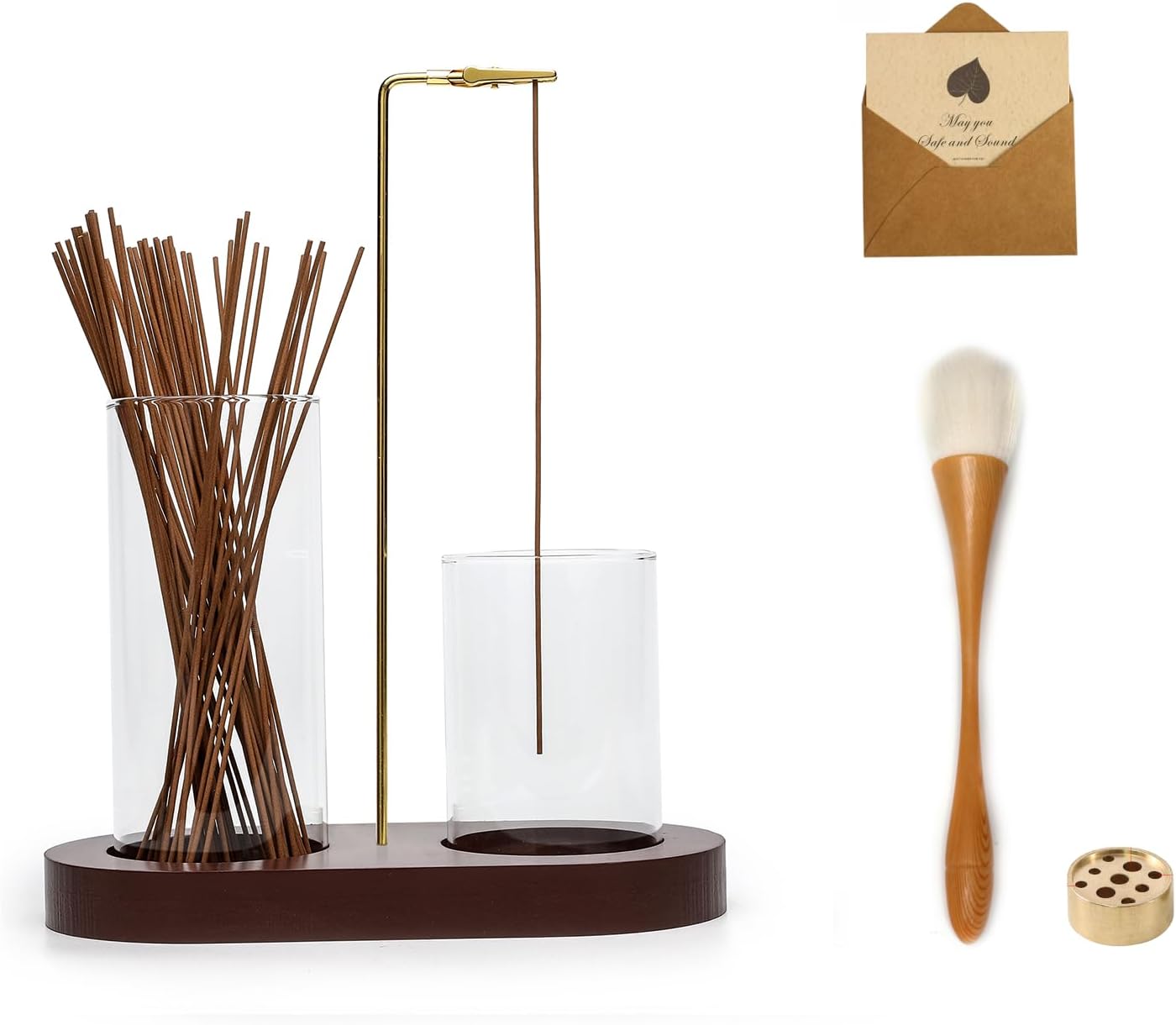 2 in 1 Glass Incense Holder for Sticks with 9-Hole Upright Burner, Ash Catcher, Cleaning Brush & Greeting Card, Meditation & Yoga Accessories,Gift for Home Decor (Dark Base)