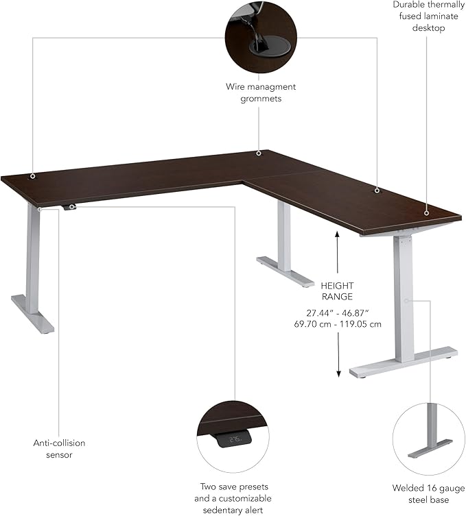 Bush Business Furniture 72-inch Height Adjustable L Shaped Standing Desk, Electric Sit-Stand Corner Computer Table, Ergonomic Office, Move 60 Series, Mocha Cherry with Metallic Gray Base