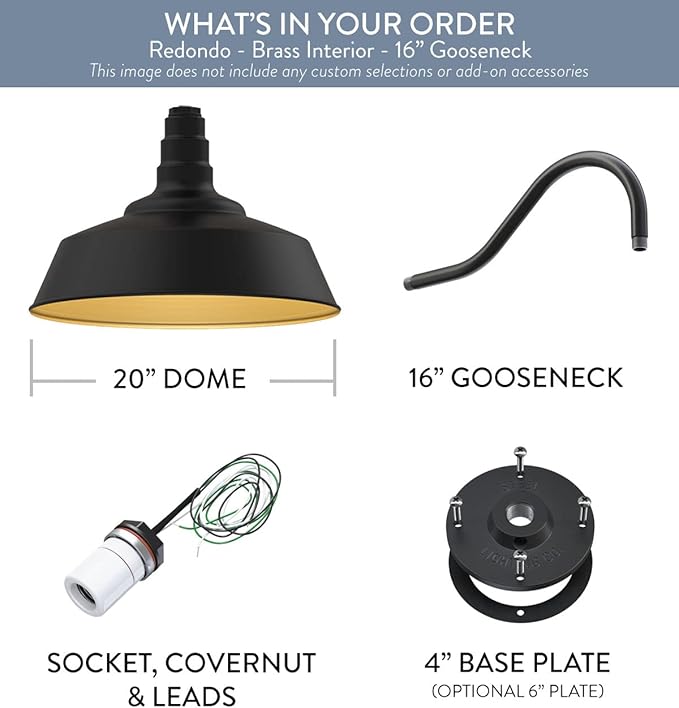 Steel Lighting Co. Redondo Barn Light | Outdoor Wall Mounted | 20 inch Dome | 16 inch Gooseneck | Large Farmhouse Warehouse Light Made in America | Matte Black Exterior/Brass Interior