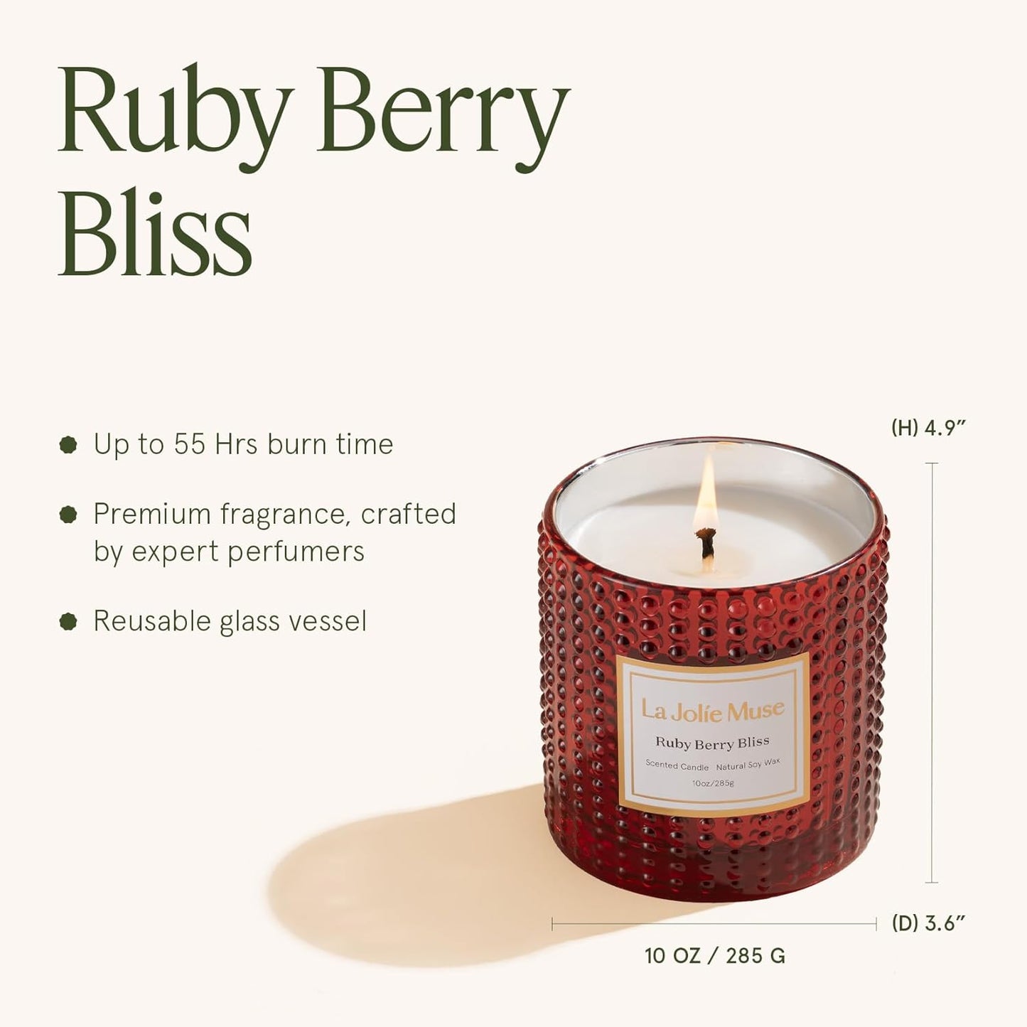 LA JOLIE MUSE Ruby Berry Bliss Scented Candle – Mandarin, Cranberry & Plum| Natural Soy Wax | 10 oz Festive Christmas Candle | 55 Hours Clean Burn | Autumn House Warming Gift | Seasonal Home Décor