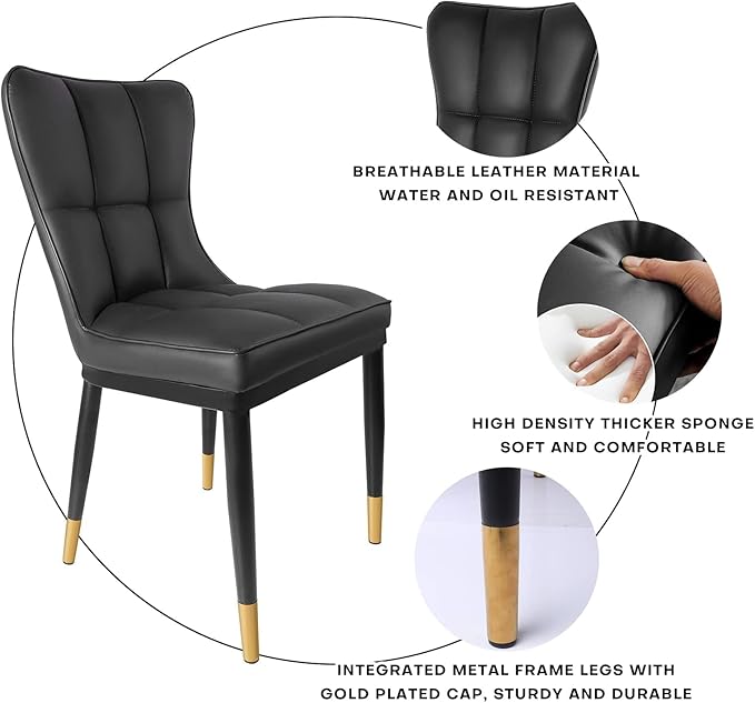 High-Back Faux Leather Dining Chairs Set of 2, Modern Sturdy Upholstered Accent Side Chair Deep Sponge Padded Seat with Metal Legs for Kitchen Dining Living Room Bedroom (Black)