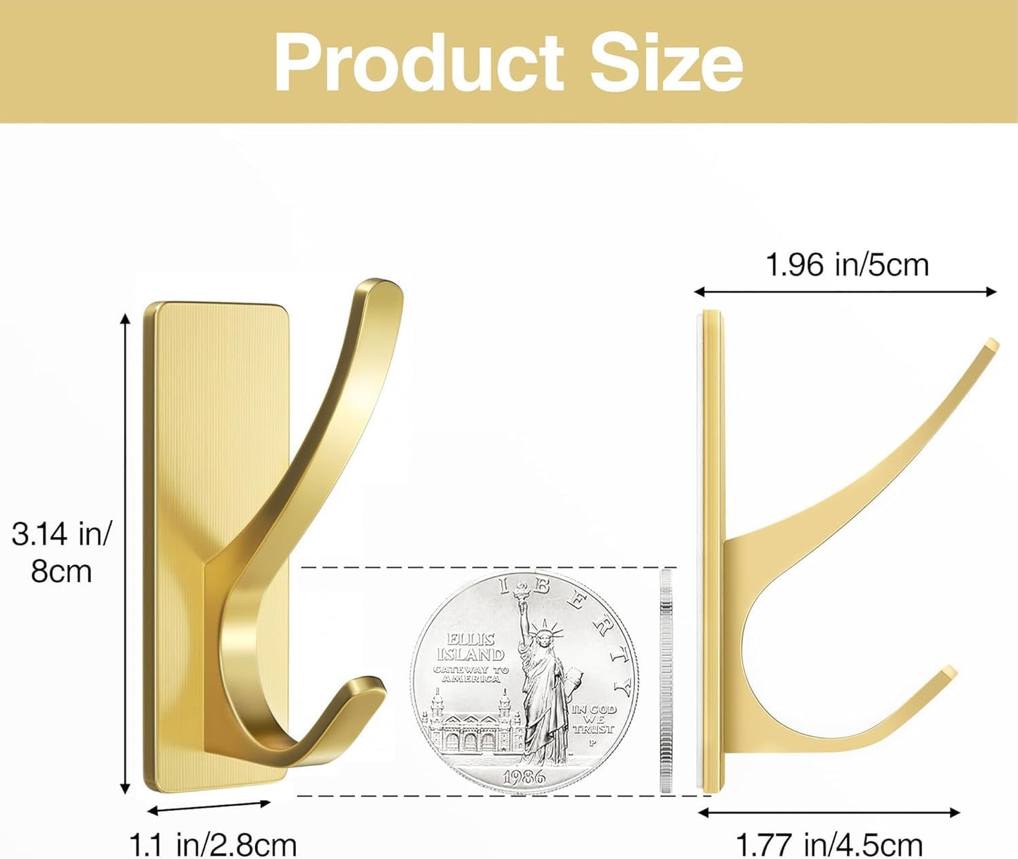 Self Adhesive Coat Hooks for Hanging, Heavy Duty Stainless Double Wall Hook for Towel, Backpack, Hat, Sturdy Metal Hanger for Bathroom, Bedroom, Door, Wall Mounted, 4-Pack, Brushed Gold