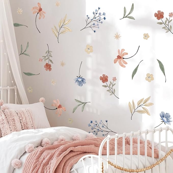 Boho Flower Wall Decals，Watercolor Flower Wall Art，Wildflower Wall Decals，Girls Bedroom Removable Wall Decals (Boho Colorful Flower Wall Decals)