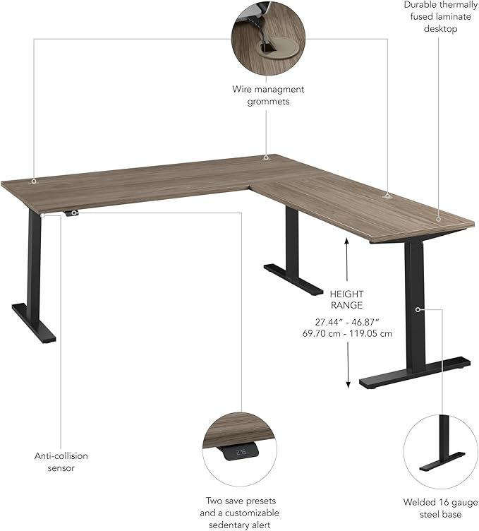 Bush Business Furniture 72-inch Height Adjustable L Shaped Standing Desk, Electric Sit-Stand Corner Computer Table, Ergonomic Office, Move 60 Series, Modern Hickory with Black Base