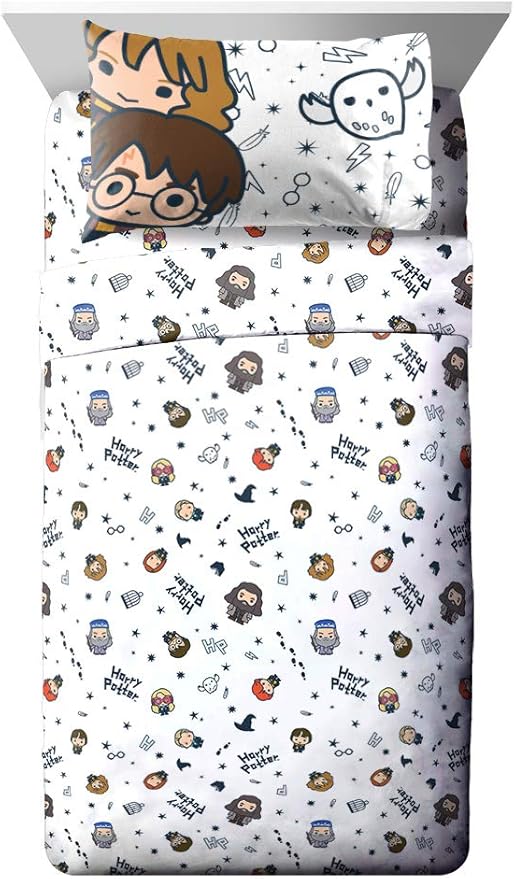 Jay Franco Kids Sheet Set with Fitted, Flat Sheets & Pillow Cover - Ultra-Soft Bedding with Pillowcase for Room Decor, White - Harry Potter, 3 Piece Twin