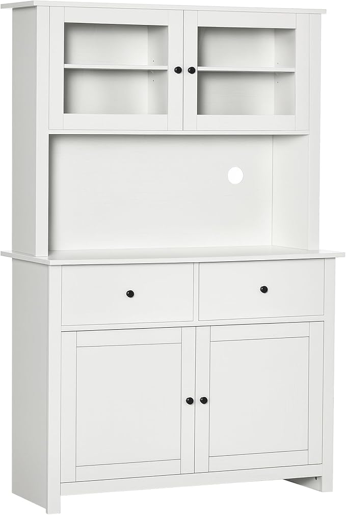HOMCOM 63.5" Kitchen Buffet with Hutch, Pantry Storage Cabinet with 4 Shelves, Drawers, Framed Glass Doors, Open Microwave Countertop, Antique White