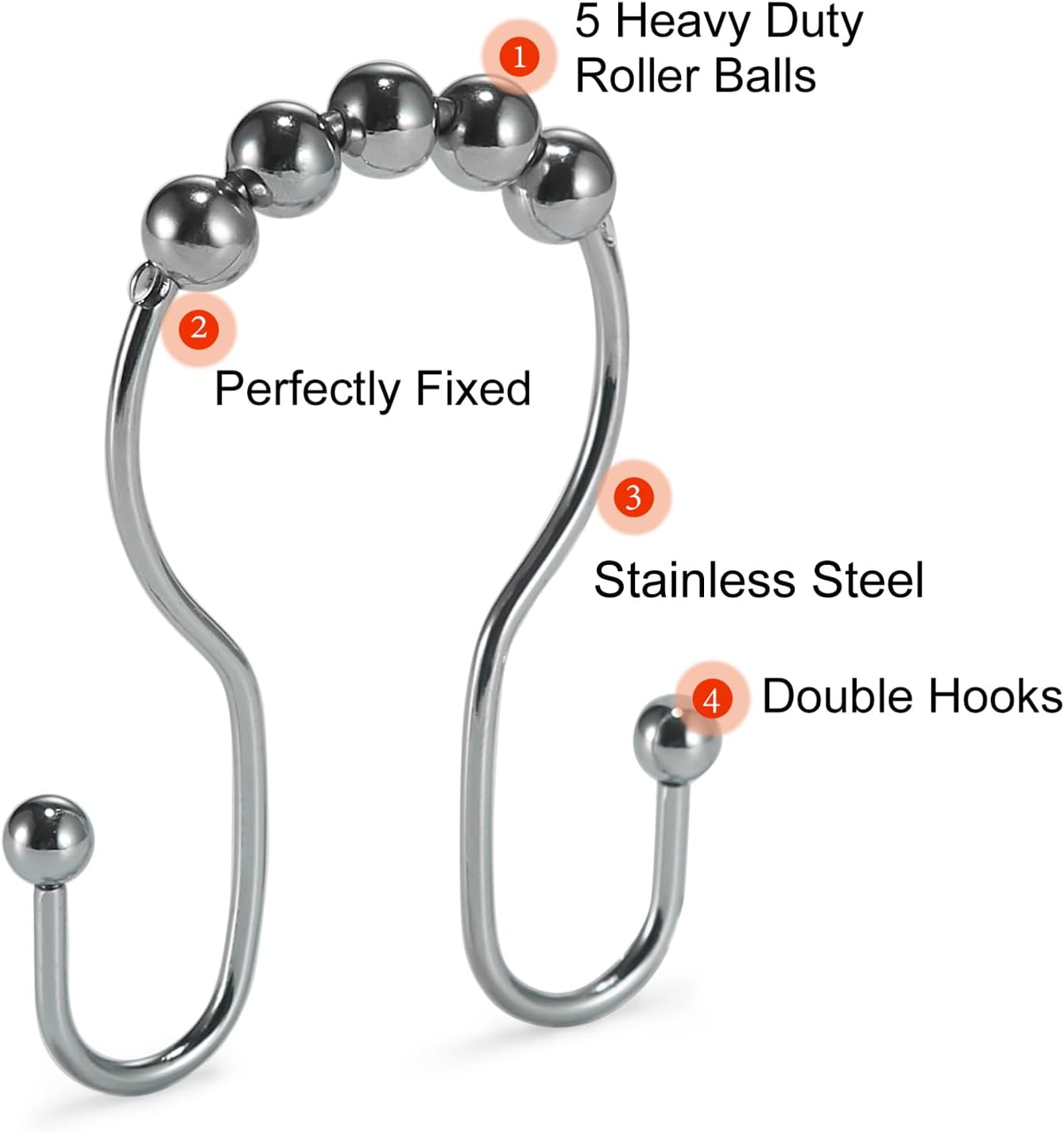 Goowin Shower Curtain Hooks, 12 Pcs Shower Curtain Rings, Stainless Steel Silver Shower Curtain Hooks Rings Rust Proof, Smooth Sliding Anti-Drop Double Shower Hooks for Shower Curtain, Rods (Chrome)