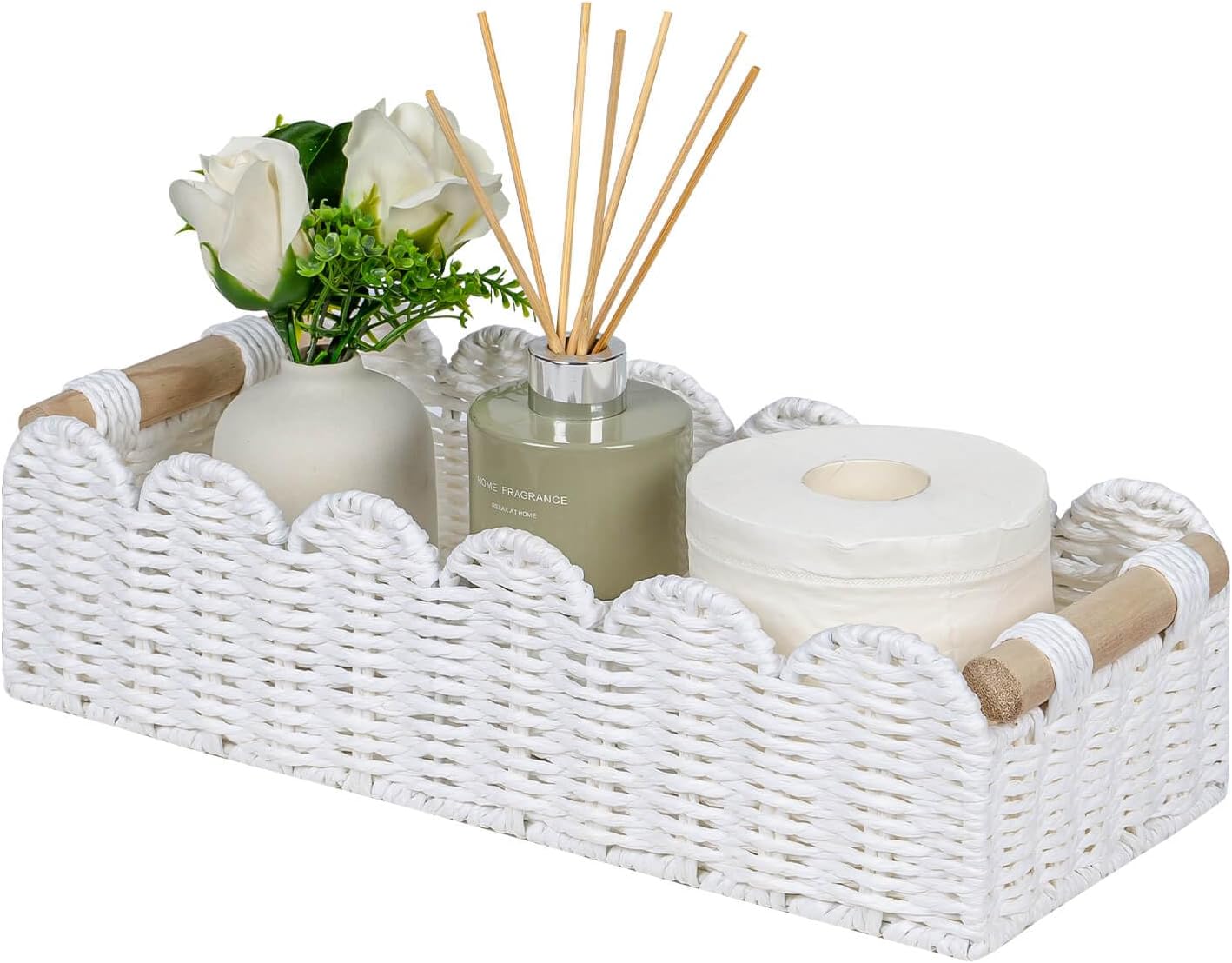 CubesLand Scalloped Edge Toilet Paper Storage Basket, Living Room Home Cozy Decor Basket, Paper Rope Small Baskets for Over Toilet Storage Shelf, End Table, Shelves, with 2 Wooden Handles, White