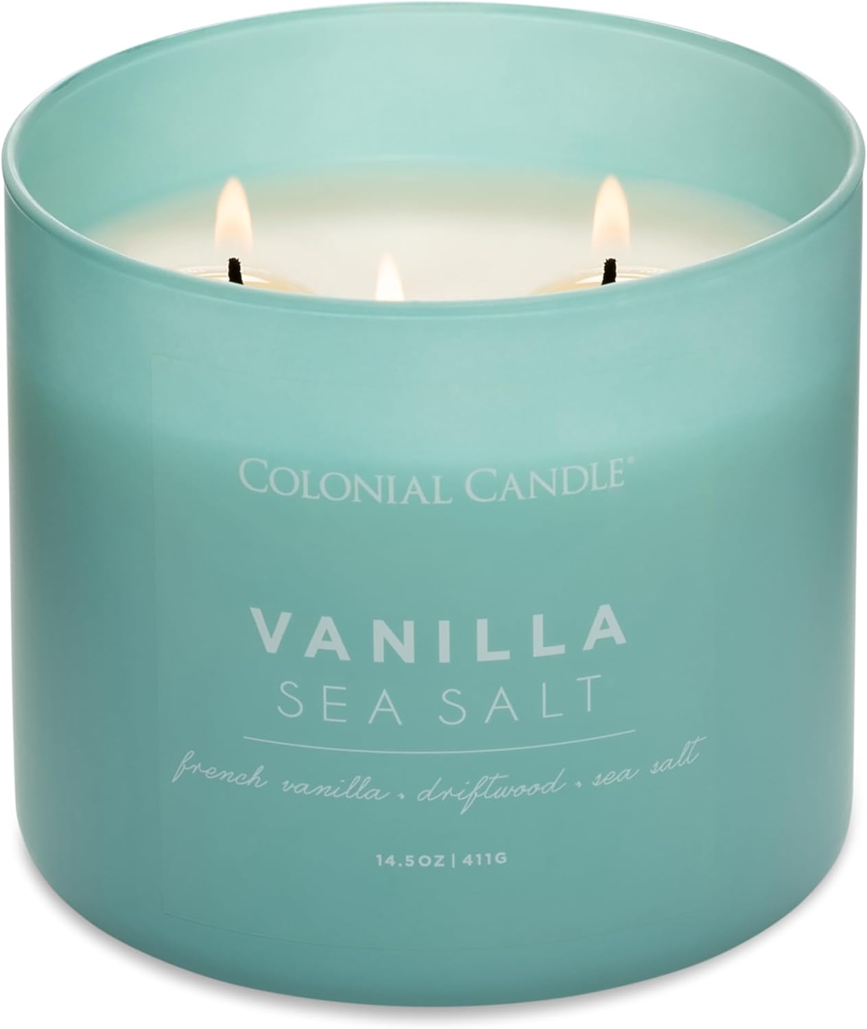 Colonial Candle Vanilla Sea Salt Scented Candle, Pop of Color Collection, 3 Wick, Blue, 14.5 oz - Up to 60 Hours Burn