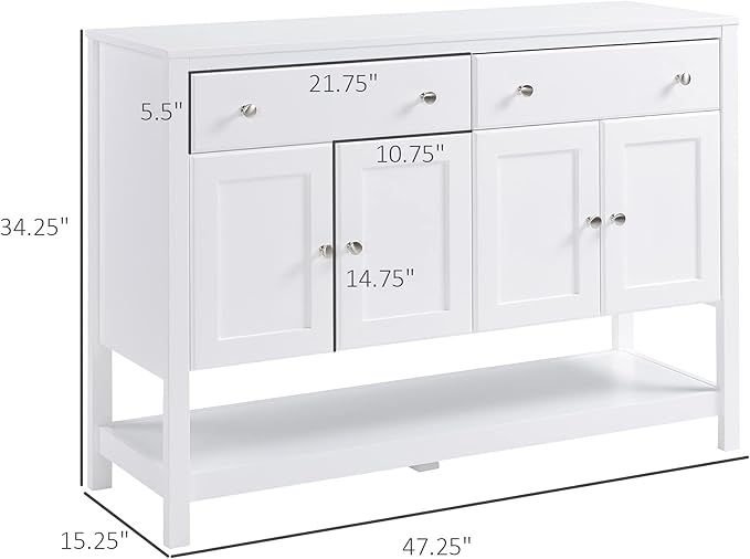HOMCOM 47" Coffee Bar Cabinet, Sideboard Buffet, Accent Kitchen Cabinet with Adjustable Shelves and Drawers for Living Room, White