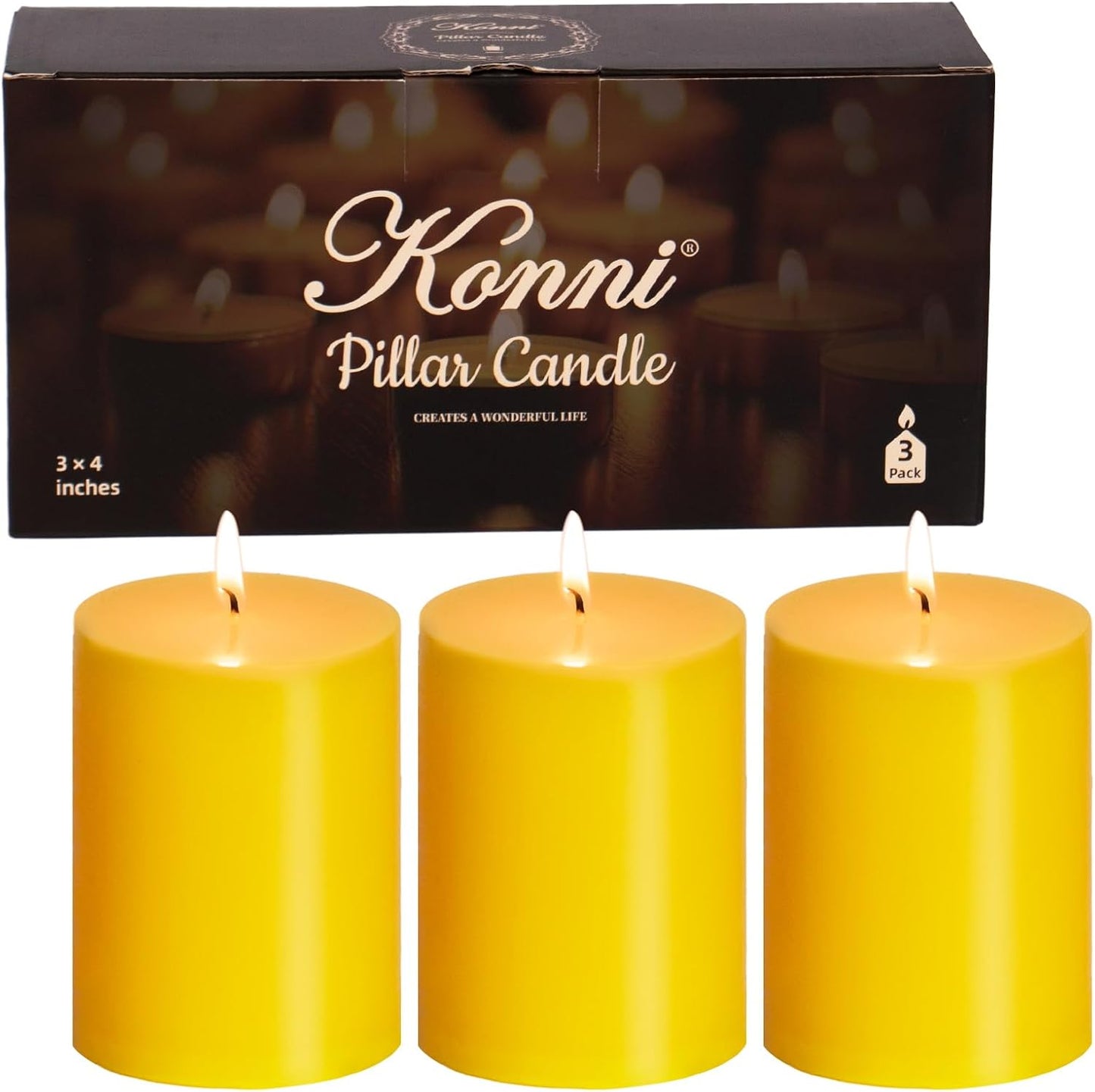 KONNI Yellow Pillar Candles Set of 3, 3"x 4" Unscented Pillar Candles Bulk, 39 Hours Long Burning Candles, Smokeless&Dripless Large Round Candle for Wedding, Home Decoration, Parties, Spas, Dinner