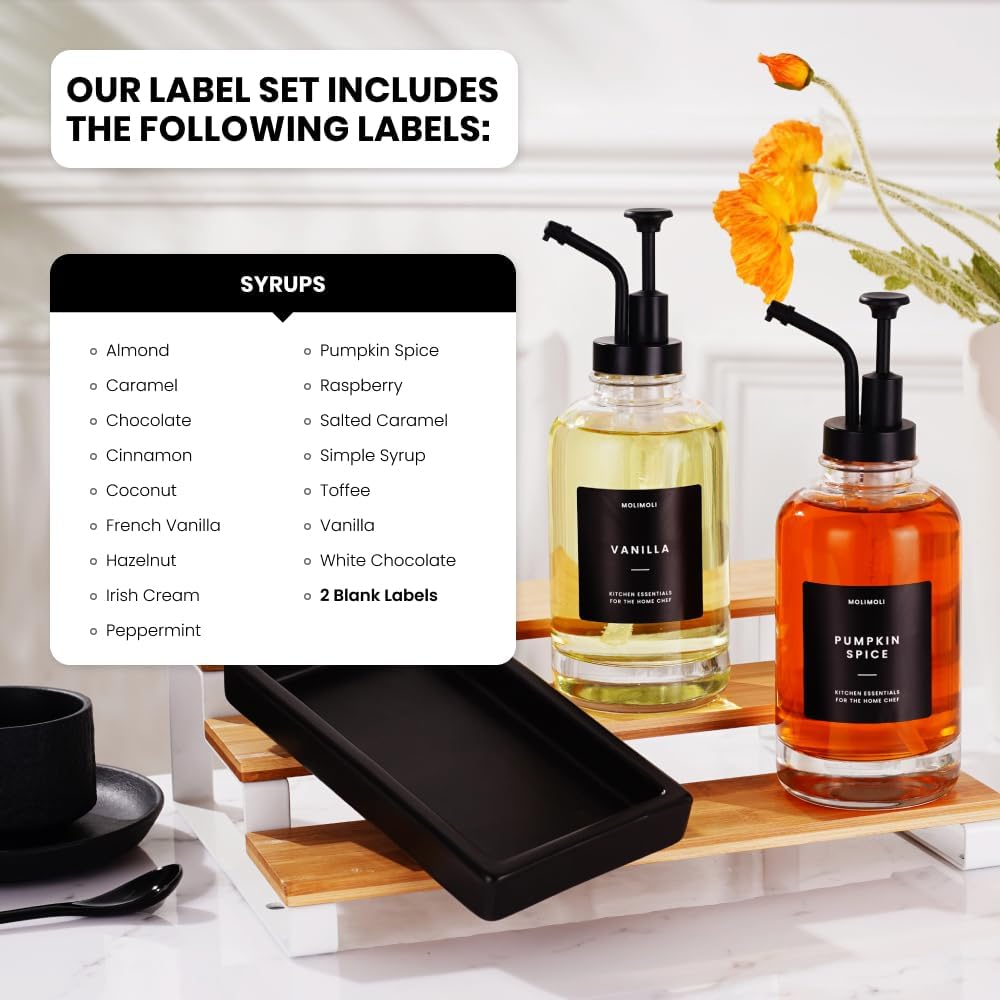 Molimoli Coffee Syrup Dispenser - Glass Bottle with Pump, Maple/Coffee Syrup, Labels and Tray