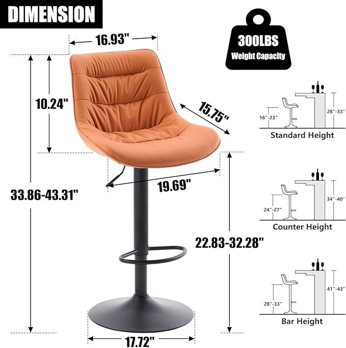 Kidol & Shellder Bar Stools Set of 2 Adjustable Swivel Orange, PU Leather Upholstered with Back, Modern Counter Height Stools for Kitchen Island, Home Bar