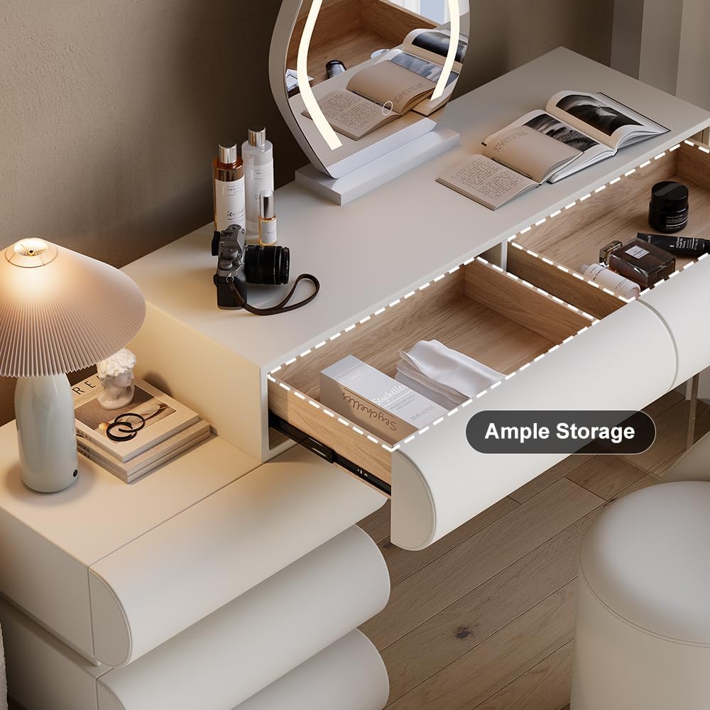 homary White Makeup Vanity Set with LED Mirror and Dressing Stool, Modern PU Leather Dressing Table with Drawers for Bedroom, Ideal for Women Girls (White)