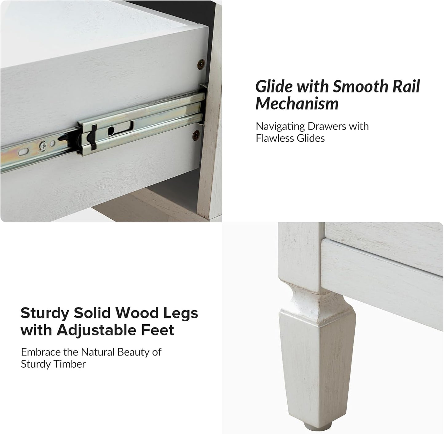 HULALA HOME Wood Nightstand with Charging Station, 2-Drawer Dresser with Wooden Legs, Mid-Century Modern Bedside Furniture, French-Style End Table for Bedroom, White