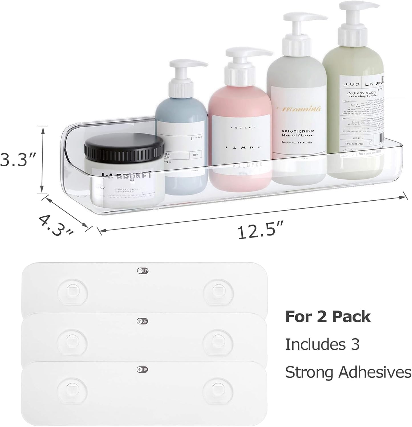 UDD Acrylic Shower Caddy Adhesive Shelf, 2pc Plastic Shower Organizer with Self Adhesive Tape, No Drilling Clear Wall Mount Shower Shelves for Bathroom Kitchen, Clear