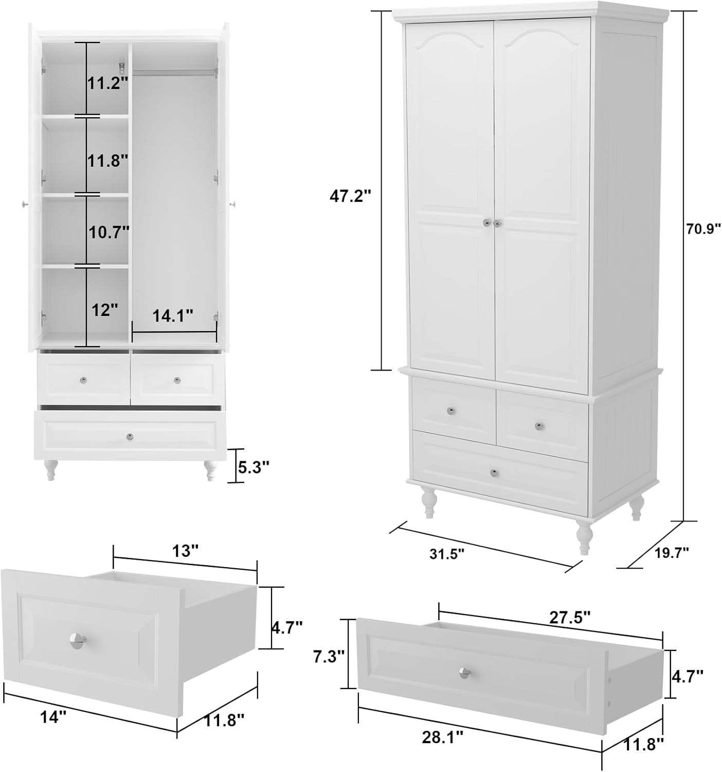 Hitow 2-Door Wardrobe Cabinet with Hanging Rod, Drawers and Shelves, Modern Free Standing Wood Storage Closet with Carved Lines and Sliver Knobs for Bedroom, White, 31.5”W x 19.1”D x 70.9”H