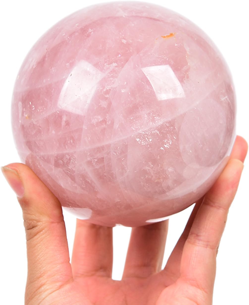 JIC Gem Natural Pink Rose Quartz Ball Sphere with Base,Class 1,3.5-3.9 Inch