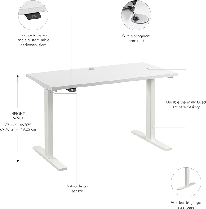 Bush Business Furniture 48-inch Electric Height Adjustable Standing Desk, Ergonomic Sit-Stand Computer Table for Home and Professional Office, Move 60 Series, White with White Base