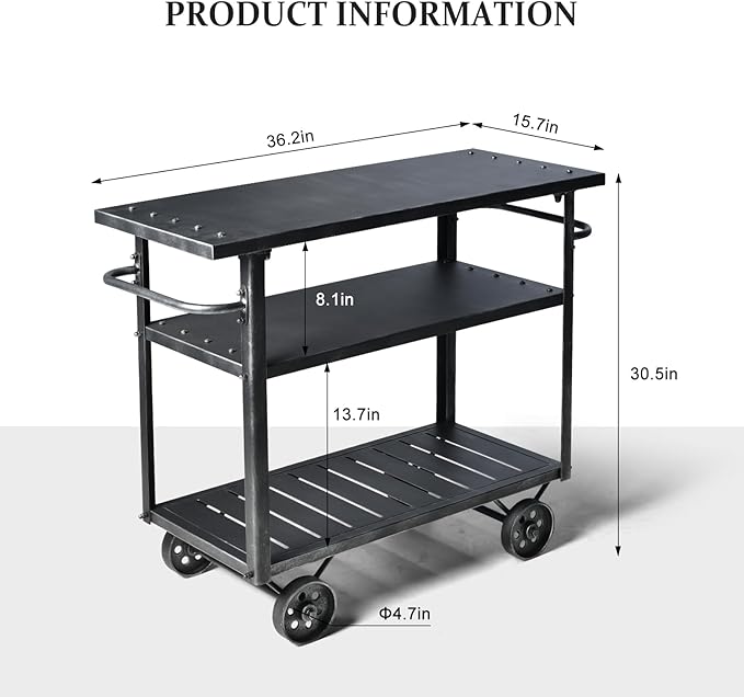 Industrial 3 Tier Mobile Bar Cart Rustic Metal Serving Cart with Wheels and Side Handles Vintage Rolling Kitchen Stand Cart-LxWxH: 36.2 * 15.75 * 30.5inch