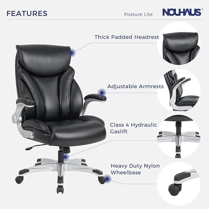 Nouhaus Big and Tall Desk Office Chair with Lumbar Support, High Back PU Leather Ergonomic Office Chair, Executive Desk Chair Computer Chairs with Adjustable Flip-up Armrests (Posture Lite,Black)