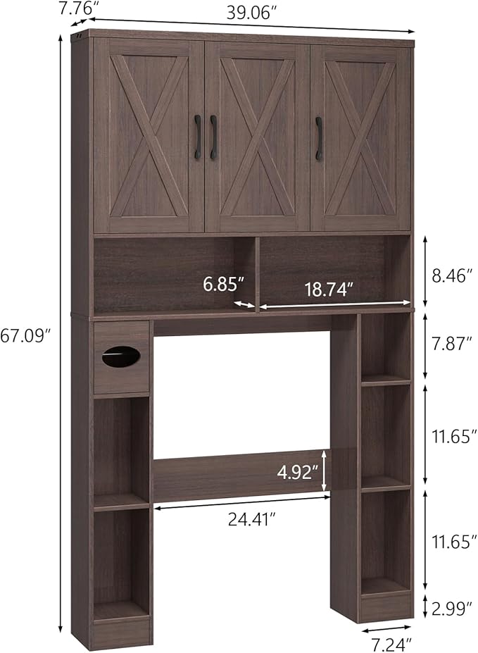 Over The Toilet Storage Cabinet, Farmhouse Toilet Cabinet Rack with 3 Barn Doors, Space Saving Bathroom Organizer with Shelves, Toilet Paper Holder and Towel Rack for Bathroom,Restroom, Espresso