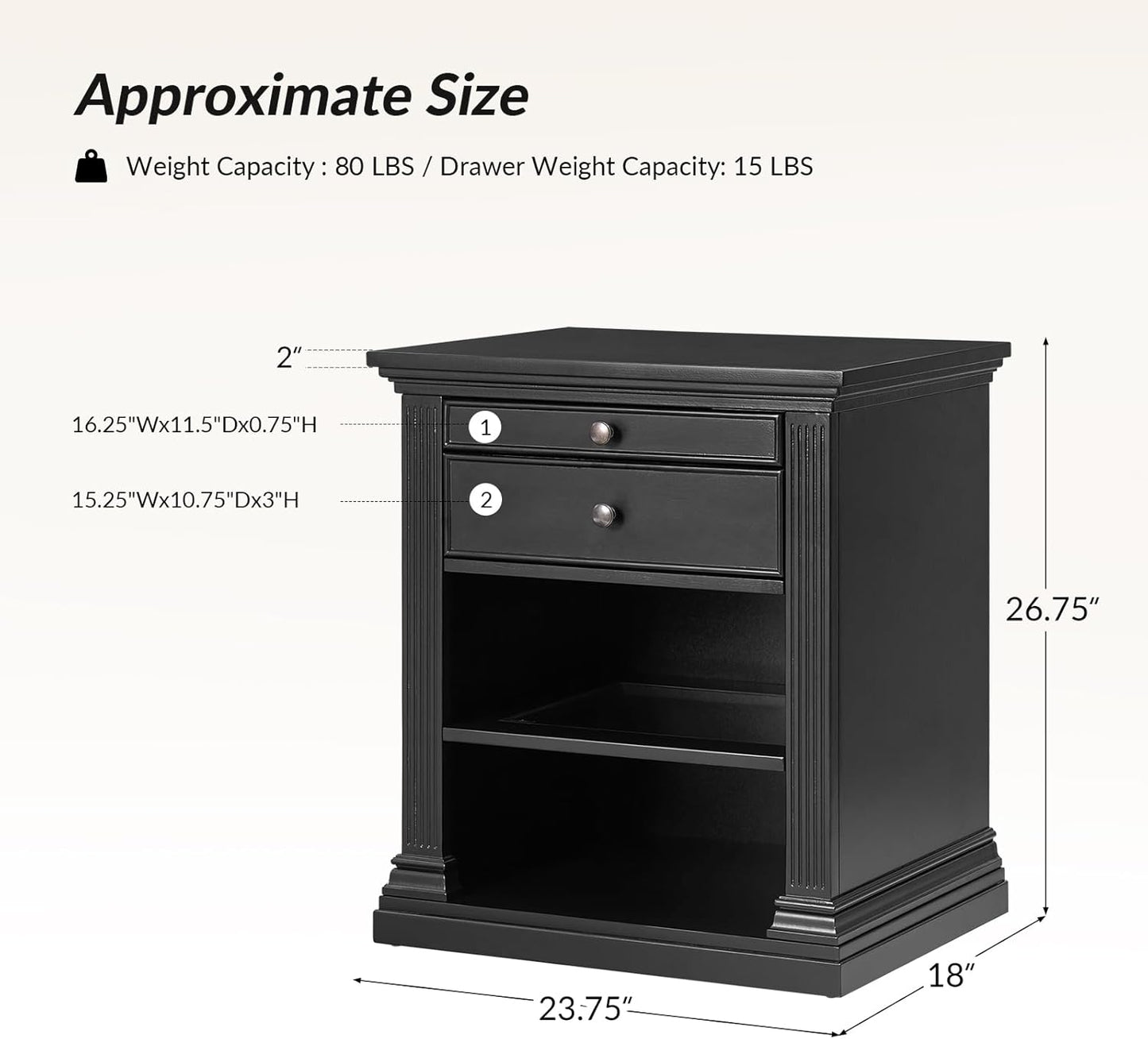 HULALA HOME Wood Nightstand with Tray and Storage Shelves, Traditional Design with Roman Column, End Table with Charging Station/LED, Black