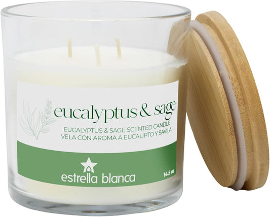 Eucalyptus Sage Scented Candles, 14.5 oz 3 Wick Candle, Large Jar, Long Lasting Burn, Fresh Herbal Aroma for Relaxation, Spa, Home Décor, Living Room, Bedroom, or Gift