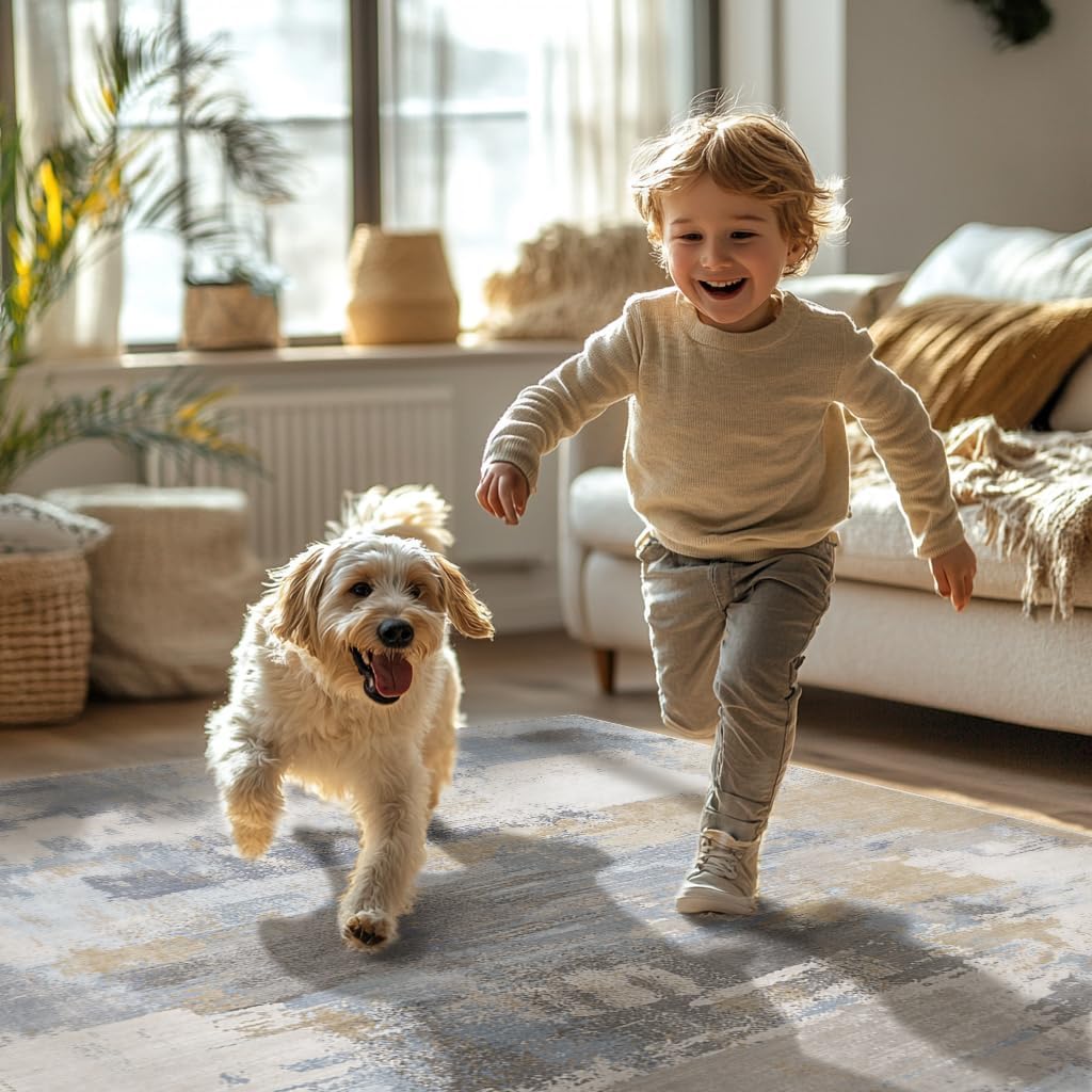 Area Rugs 8x10 for Living Room Bedroom, Modern Abstract Machine Washable Large Soft Greyish Blue Rug, Low Pile Floor Carpet with Non Slip Backing for Dining Room, Coastal Dusk