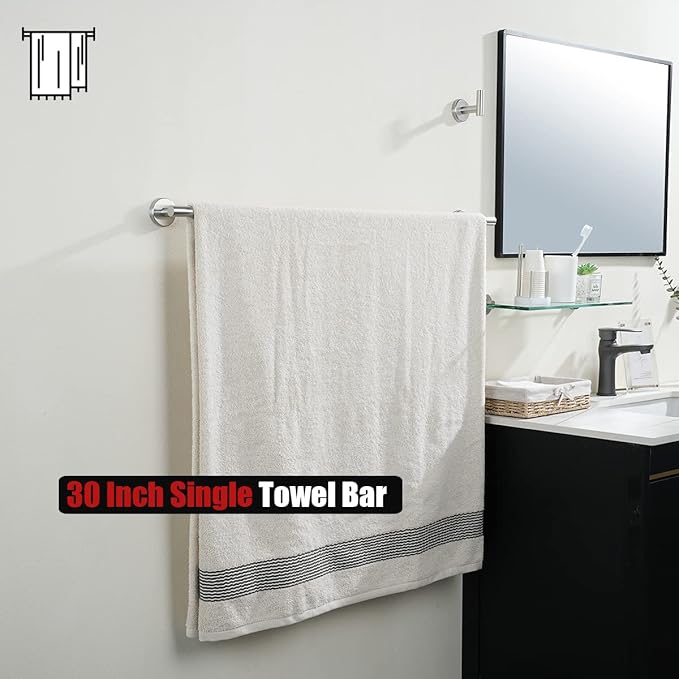 JQK Bath Towel Bar, 33 Inch 304 Stainless Steel Thicken 0.8mm Single Towel Rack for Bathroom, Towel Holder Brushed Steel Wall Mount, Useable Length 30 Inch 2 Pack, TB110L30-BN-P2