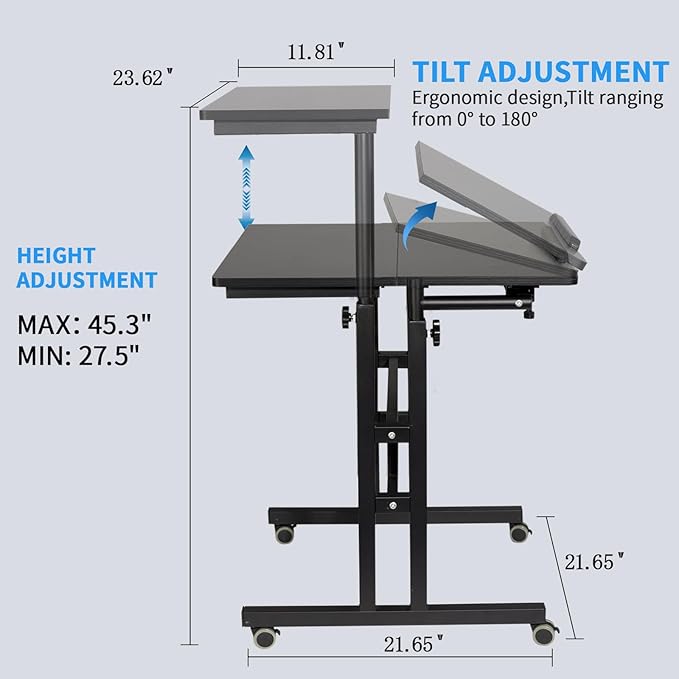 Hadulcet Mobile Standing Desk with Charging Station, Adjustable Standing Computer Desk, Standing Adjustable Laptop Cart with Wheels for Home Office Classroom Black