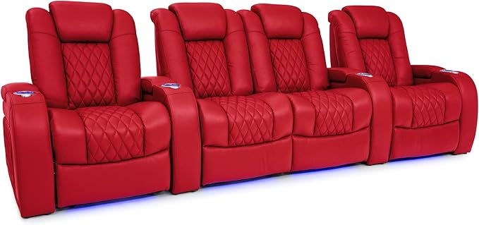 Seatcraft Diamante - Home Theater Seating - Living Room - Power Recline - Italian Leather - Powered Headrests - Cupholders - USB Charging - Ambient Lighting, Red, Row of 4 Middle Loveseat