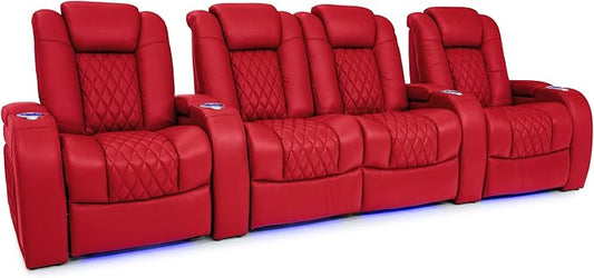 Seatcraft Diamante - Home Theater Seating - Living Room - Power Recline - Italian Leather - Powered Headrests - Cupholders - USB Charging - Ambient Lighting, Red, Row of 4 Middle Loveseat