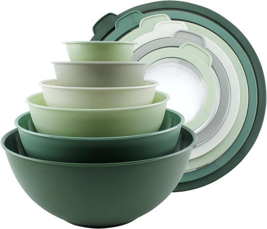 COOK WITH COLOR Mixing Bowls with Non Slip Bottom - 12 Piece Plastic Nesting Bowls Set includes 6 Prep Bowls and 6 Tritan Lids - Microwave Safe (Sage)