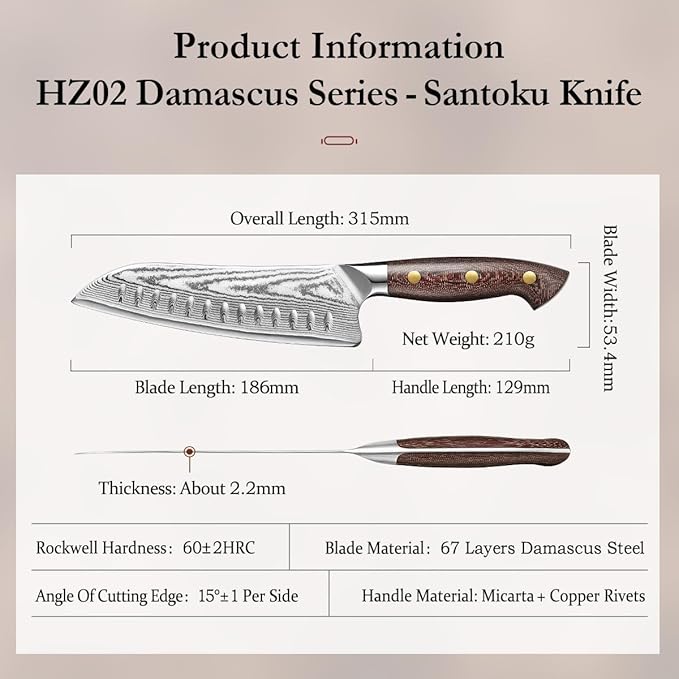 HEZHEN Santoku Knife with Wooden Sheath,7.3 Inches, 67 Layers Damascus Steel Kitchen Knife for Professional Chefs and Family, Micarta Handle,Gift Ready