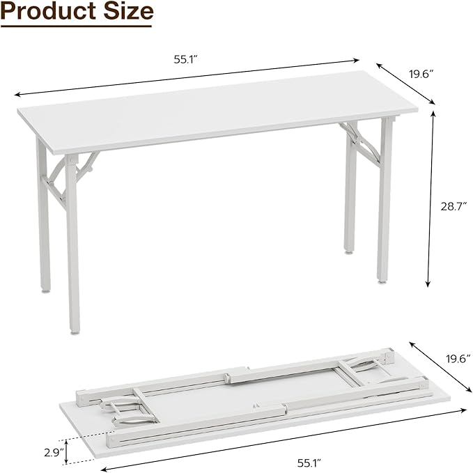 TEMI Long Computer Desk Folding Table - 55.1" Foldable Office Desk, No Assembly, Perfect Writing Table for Bedroom, Dorm, or Apartment, Portable Large Desk or Study Table with Compact Design, White
