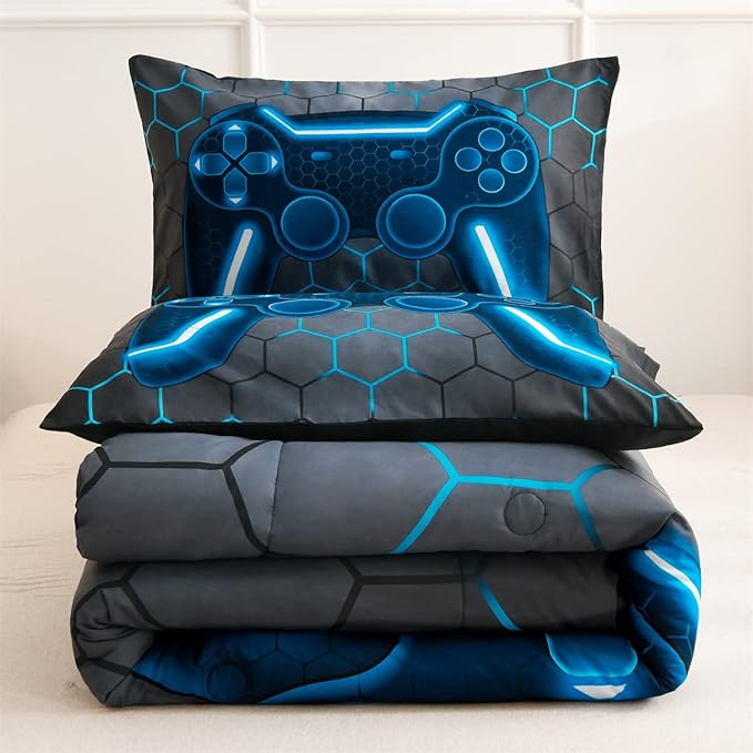 NTBED Game Console Comforter Set for Boys Girls Kids 3D Gaming Geometric Lightweight Microfiber Bedding Sets (blue, Queen)