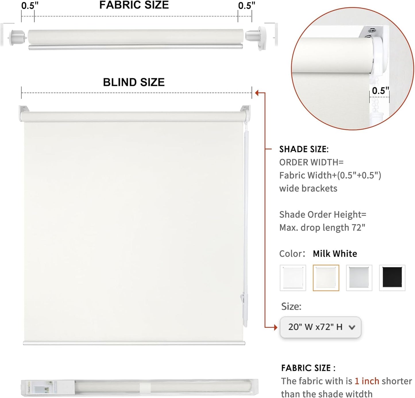Homebox 50% Blackout Light Filtering Blinds for Windows,Room Darkening Roller Shades Roll up and Pull Down Blind Shades for Home Office 53" W×72" H Milk White