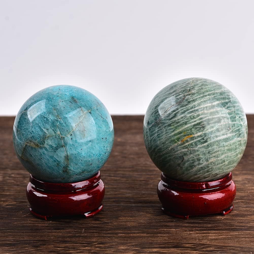 JIC Gem Natural Amazonite Crystal Ball with Wood Stand Gemstone Sphere, Polished Healing Energy Mineral Gemstone Balls for Reiki Chakra Decoration Fengshui (50-60mm)