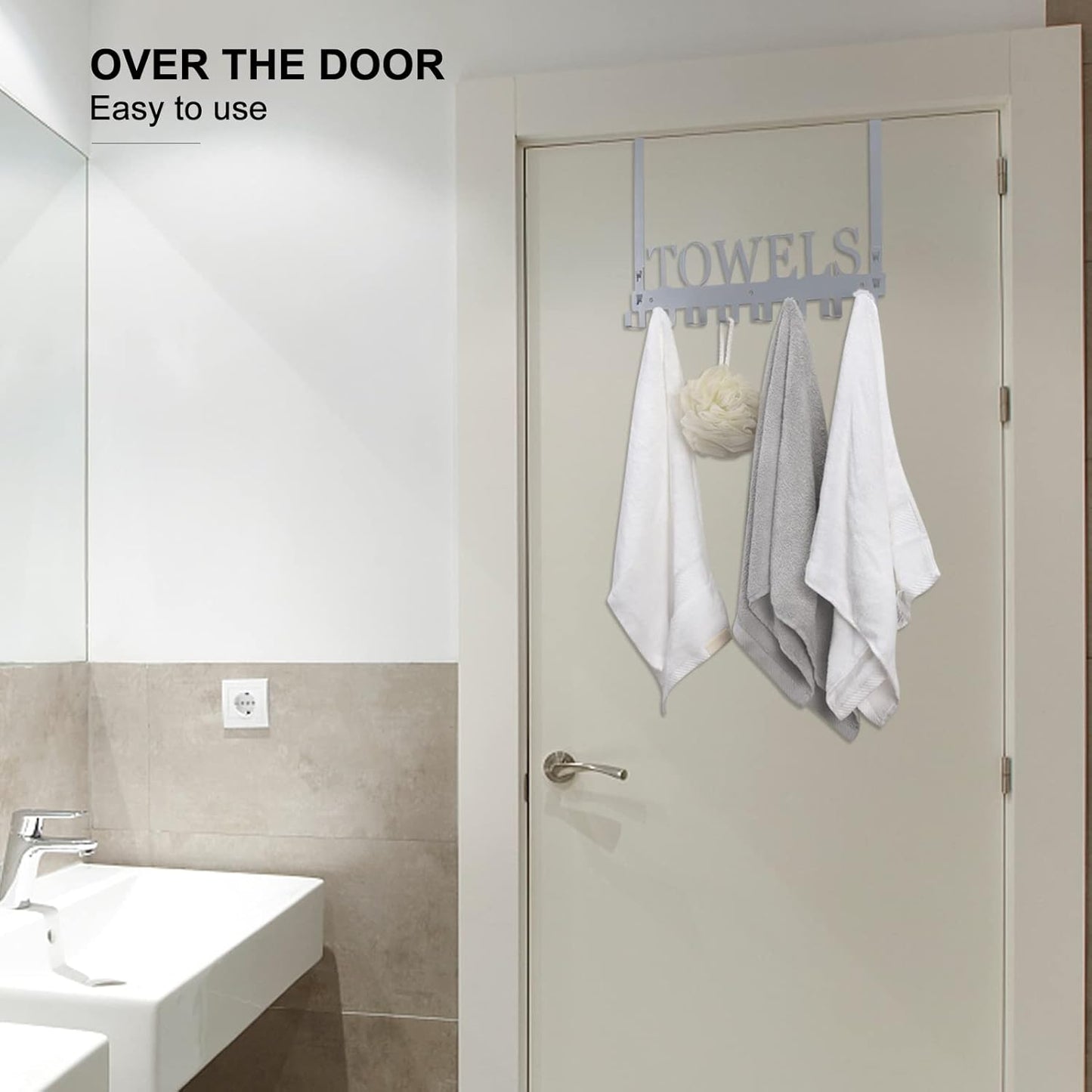 Over The Door Hooks, Heavy Duty Wall Mount Towel Hanger with 8 Hooks for Bedroom, Bathroom, Kitchen Towels, Silver