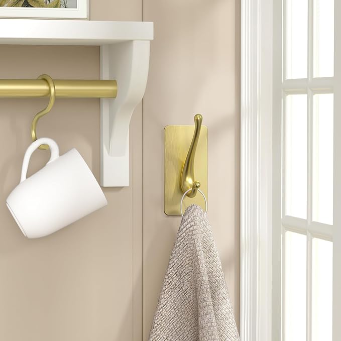 Towel Hooks, Solid Alloy Adhesive Wall Hooks for Hanging, Towel Hooks for Bathroom, RV, Kitchen, Closets, etc (Gold, 2 Pack)