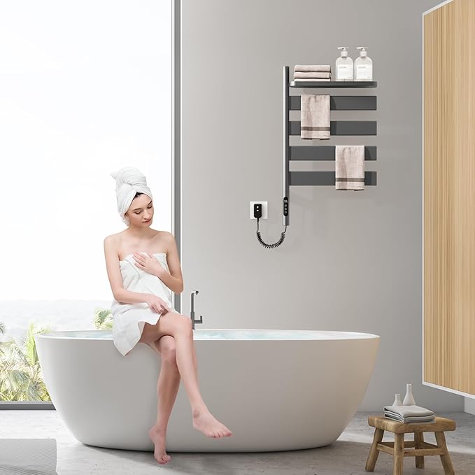 Swivel Heated Towel Rack, Wall Mounted Electric Towel Warmer Rack for Bathroom, 4 Square Bars Swivelable Towel Dryer with Tray, Towel Heater with Built-in Timer, for bathroom,Salons&Spas(G69-Gun Gray)