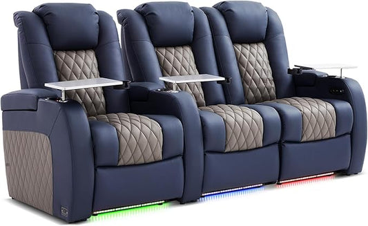 Home Theater Seating, Top Grain Leather Movie Seats Recliner Chair, Zero Gravity Reclining Gaming Sofa with Power Headrest 7 Colors Ambient Lighting 3 Seats Loveseat Right Blue Grey