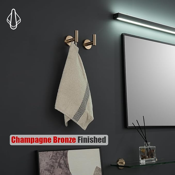 JQK Bathroom Towel Hook Champagne Bronze, Coat Robe Clothes Hook for Bathroom Wall Mounted (Pack of 4), SUS 304 Stainless Steel 0.8mm, TH100-CB-P4