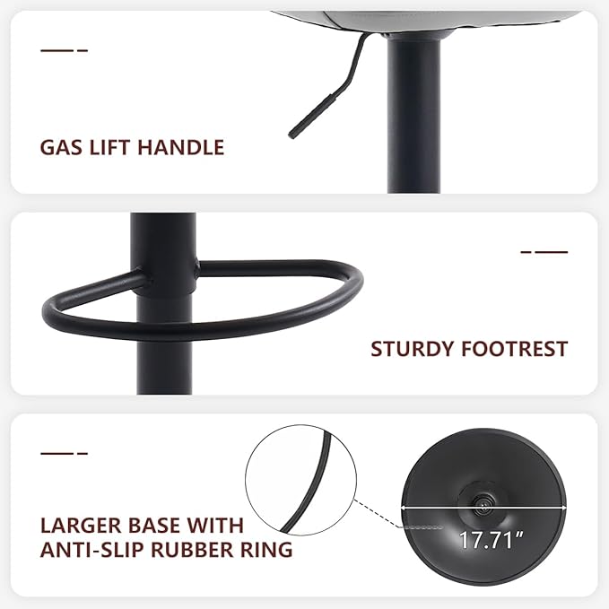 Kidol & Shellder Bar Stools Set of 2 Adjustable Swivel Gray, PU Leather Upholstered with Back, Modern Counter Height Stools for Kitchen Island, Home Bar