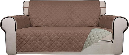 PureFit Reversible Quilted Sofa Cover, Water Resistant Slipcover Furniture Protector, Washable Couch Cover with Non Slip and Elastic Straps for Kids, Dogs, Pets (Oversized Loveseat, Brown/Beige)
