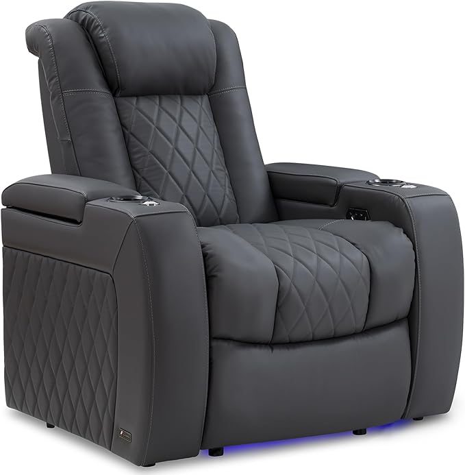 Valencia Tuscany Home Theater Seating | Premium Top Grain Italian Nappa 11000 Leather Power Recliner with Power Lumbar Support & Headrest (Single Recliner, Charcoal Grey)
